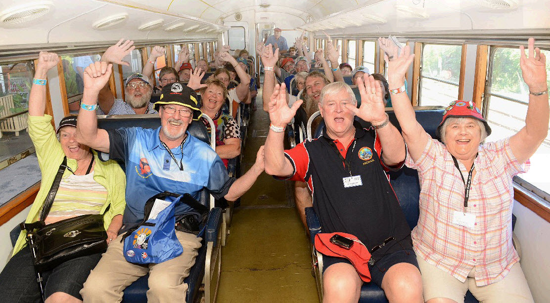 Ulysses Club members Terri and Ron Laurence from Melbourne and Micheal and Geraldine Dixon from Hobart are some of the first passengers on the Silver Bullet in over six months. The Rattler has been given the go ahead to do the short bu sweet tours in the railway yards at the Old Gympie Station. Ulysses Club members Terri and Ron Laurence from Melbourne and Micheal and Geraldine Dixon from Hobart are some of the first passengers on the Silver Bullet in over six months. The Rattler has been given the go ahead to do the short bu sweet tours in the railway yards at the Old Gympie Station.