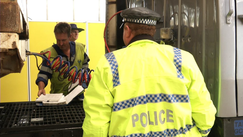 Police and RMS officers complete checks on trucks as a part of operation steel 3 on Tuesday. Photo Contributed Police and RMS officers complete checks on trucks as a part of operation steel 3 on Tuesday. Photo Contributed