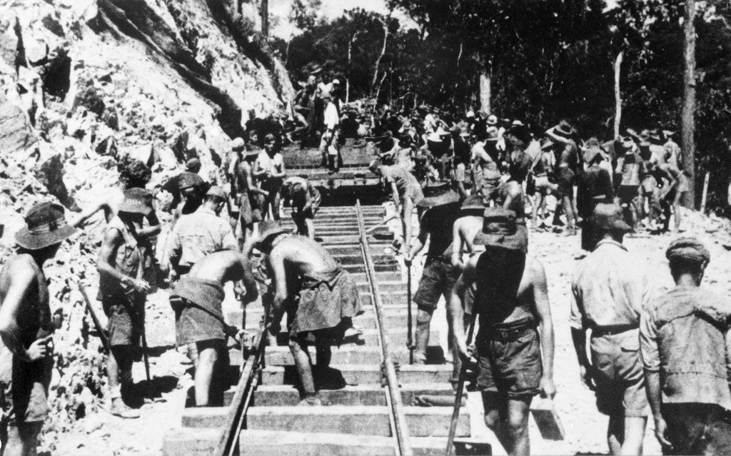 Australian and British prisoners of war (POWs) laying track on the Burma-Thailand railway. Photo Department of Veteran Affairs Australian and British prisoners of war (POWs) laying track on the Burma-Thailand railway. Photo Department of Veteran Affairs