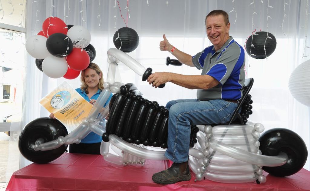Winner of the shop window competition Stacey Taplin from A Stylish Celebration on Torquay Rd in Pialba with Fraser Coast Ulysses Club sales and marketing manager Warren Jamieson taking the balloon bike for a test ride. Winner of the shop window competition Stacey Taplin from A Stylish Celebration on Torquay Rd in Pialba with Fraser Coast Ulysses Club sales and marketing manager Warren Jamieson taking the balloon bike for a test ride.