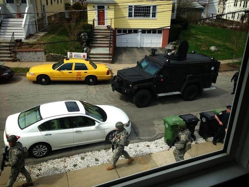 Boston is in lockdown as police and military hunt one of the bombing suspects. Source: Twitter Boston is in lockdown as police and military hunt one of the bombing suspects. Source: Twitter