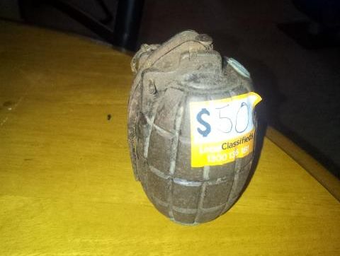 A hand grenade a Casino man tried to sell at a garage sale. Picture: Richmond Local Area Command. A hand grenade a Casino man tried to sell at a garage sale. Picture: Richmond Local Area Command.