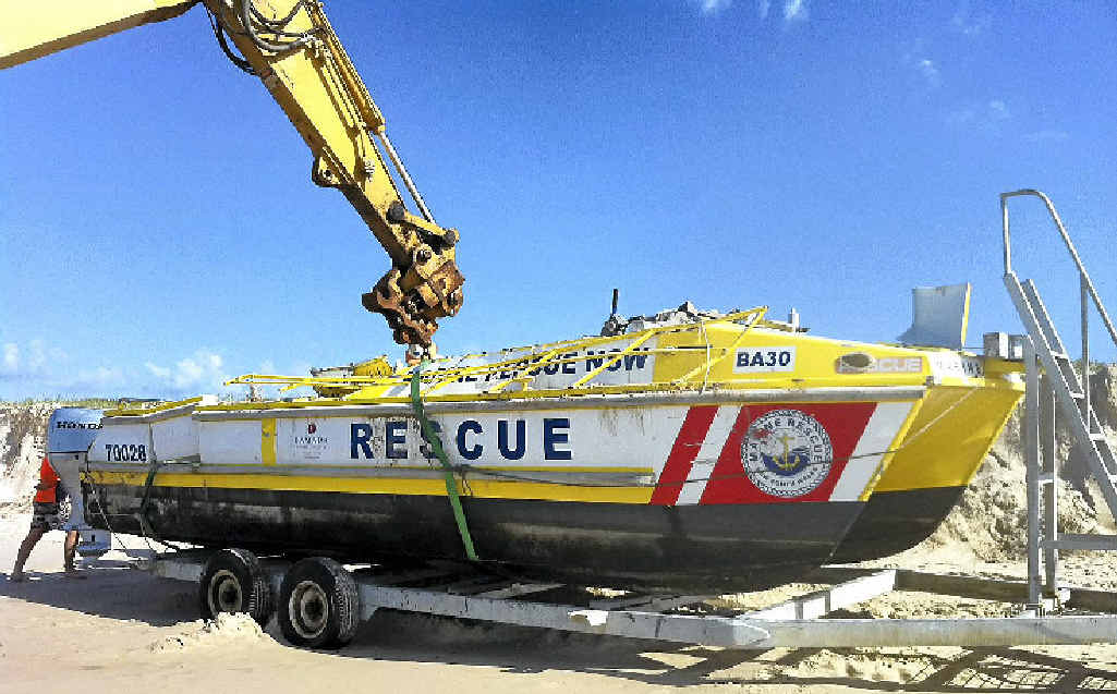 Marine Rescue Ballina’s boat – which capsized during a rescue operation last week – was salvaged by Ballina Slipway on Saturday, with the help of an excavator. Photo courtesy of Ballina Slipway. Photo Contributed Marine Rescue Ballina’s boat – which capsized during a rescue operation last week – was salvaged by Ballina Slipway on Saturday, with the help of an excavator. Photo courtesy of Ballina Slipway. Photo Contributed