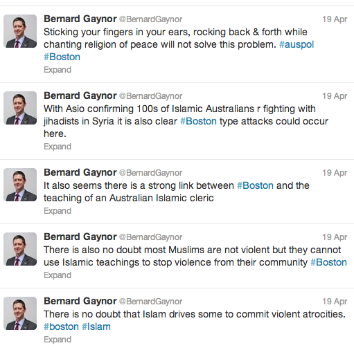 Bernard Gaynor's Boston tweets. Bernard Gaynor's Boston tweets.