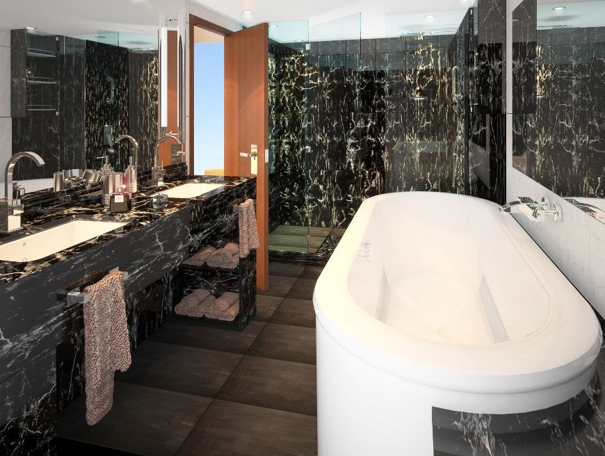 The bathroom in one of the Seabourn Penthouse Spa Suites. The bathroom in one of the Seabourn Penthouse Spa Suites.