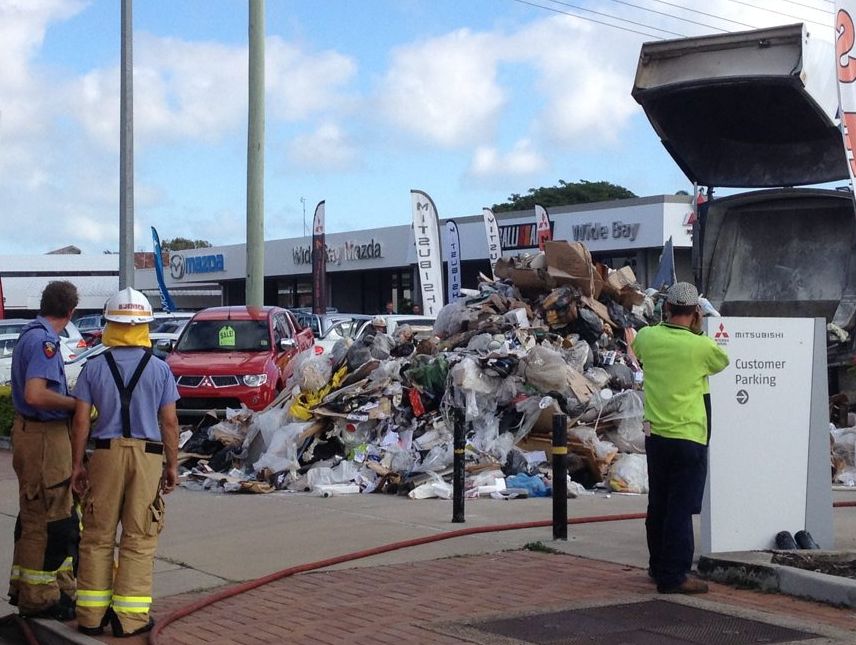 Firefighters were called the scene of a rubbish fire which started after a dump truck's forks hit powerlines. Firefighters were called the scene of a rubbish fire which started after a dump truck's forks hit powerlines.