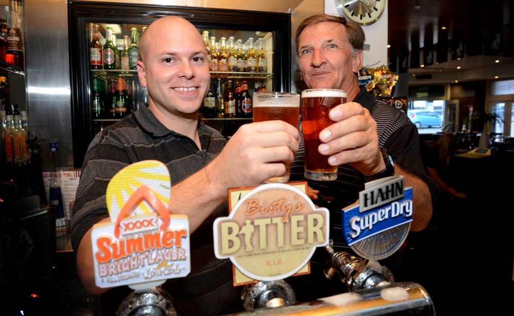 Nick Wiseman and Don Birt, father of the late Corporal Ashley Birt, share a beer in his honour at the Royal Hotel yesterday. A special beer brewed in his honour called Birty’s Bitter, made its commercial debut yesterday. Nick Wiseman and Don Birt, father of the late Corporal Ashley Birt, share a beer in his honour at the Royal Hotel yesterday. A special beer brewed in his honour called Birty’s Bitter, made its commercial debut yesterday.