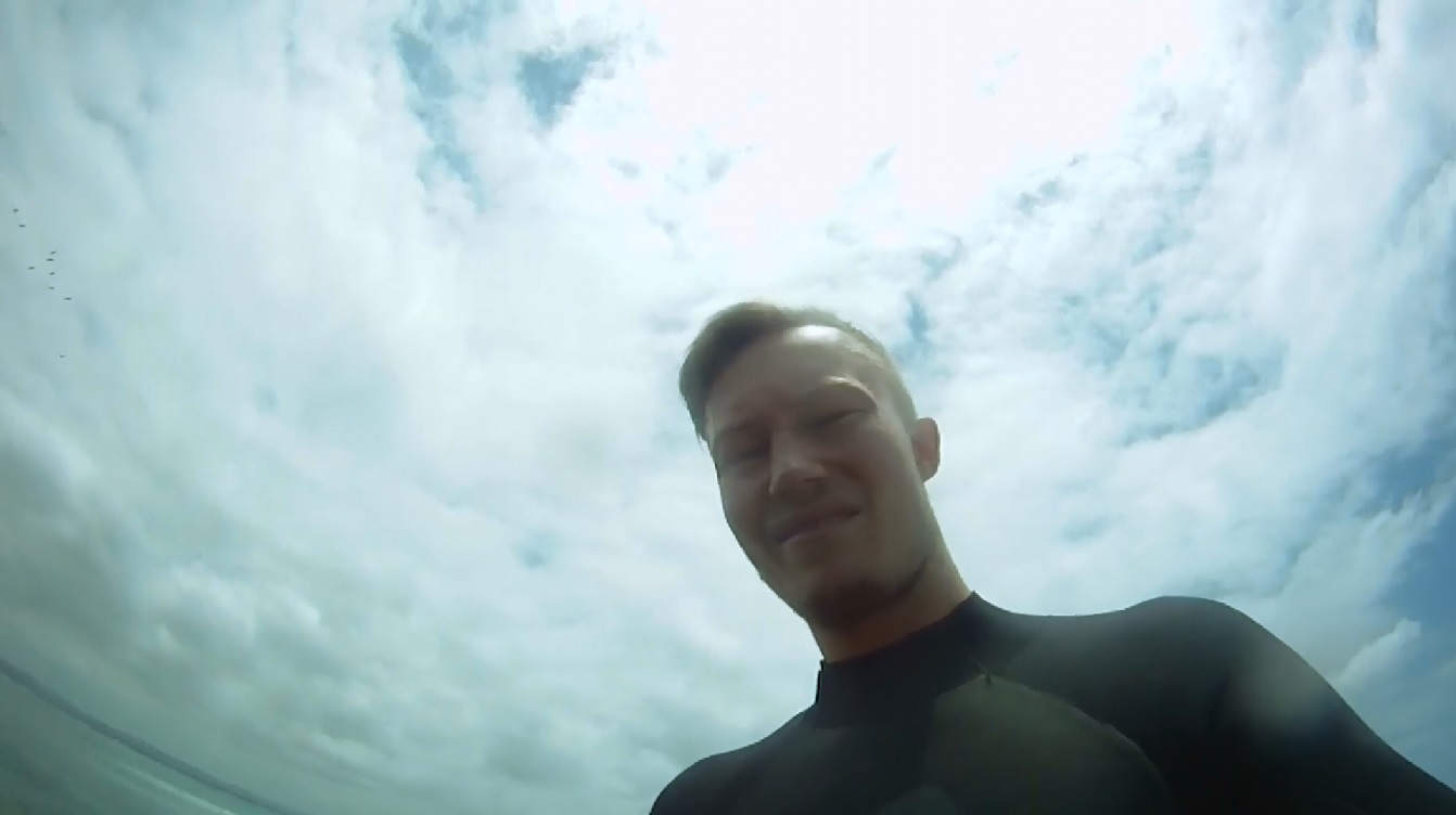 Aaron Briggs, who accidentally dropped his GoPro camera into the ocean three months ago at Byron Bay. The camera has washed up, still working, at Evans Head. Aaron Briggs, who accidentally dropped his GoPro camera into the ocean three months ago at Byron Bay. The camera has washed up, still working, at Evans Head.