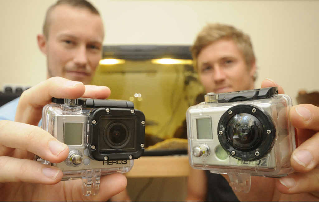 GOTCHA GOPRO: Aaron Briggs and Adam Cavanagh with two GoPro Hero cameras. One was lost four months ago at Byron Bay and was washed up at Salty Lakes, Evans Head last week. GOTCHA GOPRO: Aaron Briggs and Adam Cavanagh with two GoPro Hero cameras. One was lost four months ago at Byron Bay and was washed up at Salty Lakes, Evans Head last week.