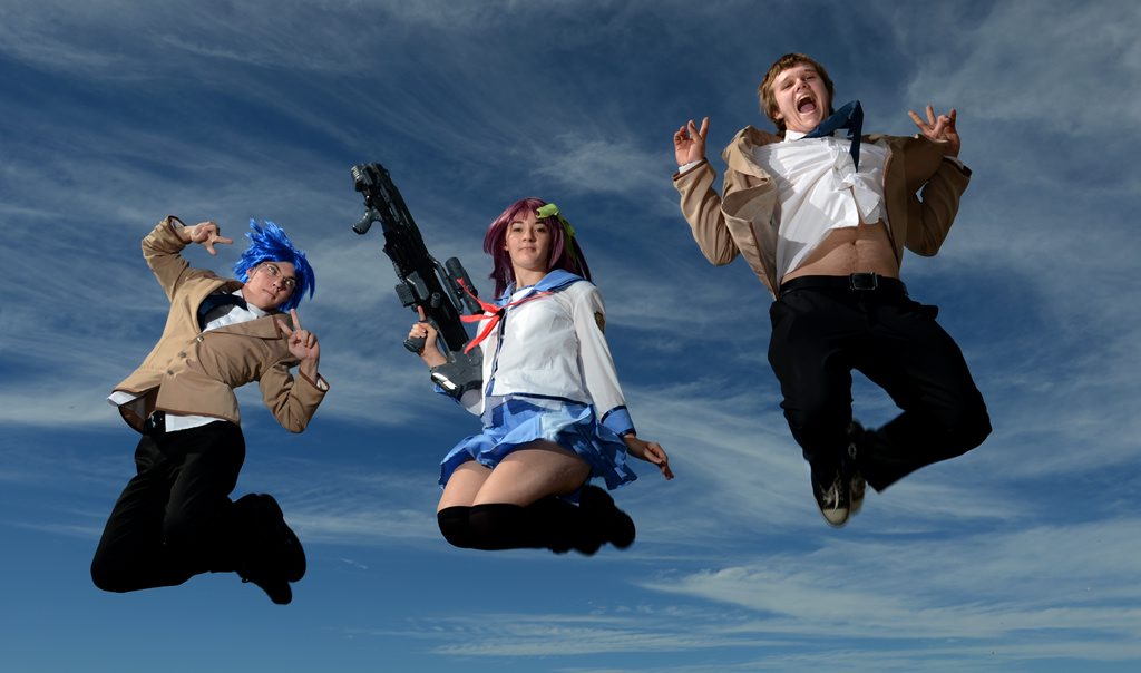 Image for sale: James Yardley as Takamatsu, Renee Booker as Yuri and Dylan Neal as Otonashi from Angel Beats. Going to Supernova Photo: John Gass / Daily News