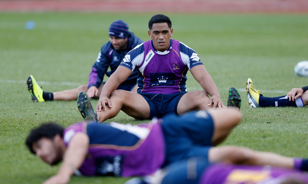 Junior Moors of Melbourne warms up during the Melbourne Storm training session on February 15, 2013. Junior Moors of Melbourne warms up during the Melbourne Storm training session on February 15, 2013.