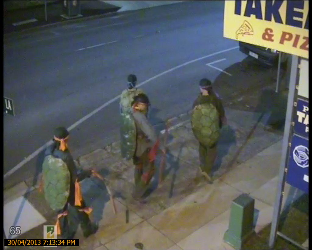 Safe City camera footage of the four ninja turtles that patrolled Rosewood streets on Tuesday night. Photo: Contributed Safe City camera footage of the four ninja turtles that patrolled Rosewood streets on Tuesday night. Photo: Contributed