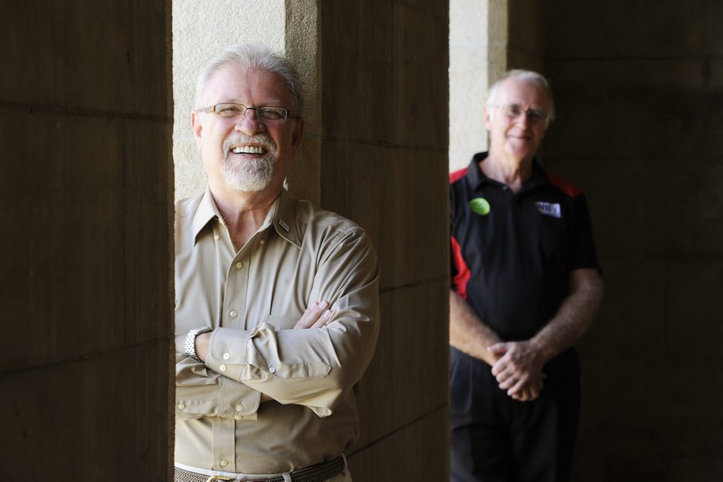 Jim de Busman visiting from the America will be putting Gordon Dryden and the Miner Chords singers through their vocal scales ahead of the barbershop National Titles. Photo: Claudia Baxter / The Queensland Times Jim de Busman visiting from the America will be putting Gordon Dryden and the Miner Chords singers through their vocal scales ahead of the barbershop National Titles. Photo: Claudia Baxter / The Queensland Times