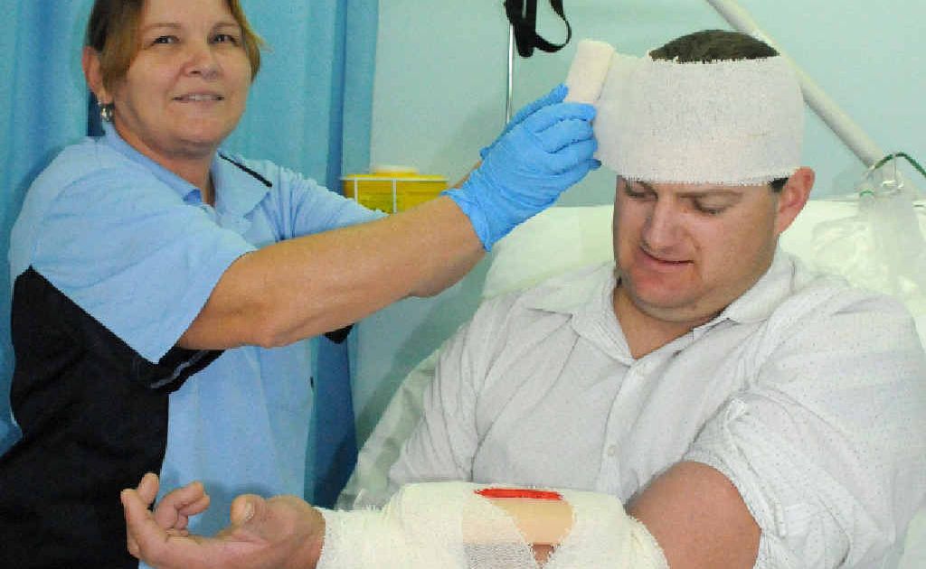 TAFE student Brendon Andrews plays the patient while Roxene Blaine patches up her patient during yesterday’s practical assessment. TAFE student Brendon Andrews plays the patient while Roxene Blaine patches up her patient during yesterday’s practical assessment.