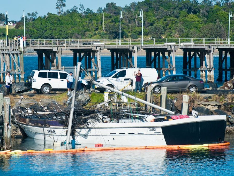 Police are conducting inquiries into a fire which destroyed a yacht and a fishing trawler at the Fisherman's co-op wharf at Coffs Harbour. Photo: Rob Wright / Coffs Coast Advocate Police are conducting inquiries into a fire which destroyed a yacht and a fishing trawler at the Fisherman's co-op wharf at Coffs Harbour. Photo: Rob Wright / Coffs Coast Advocate