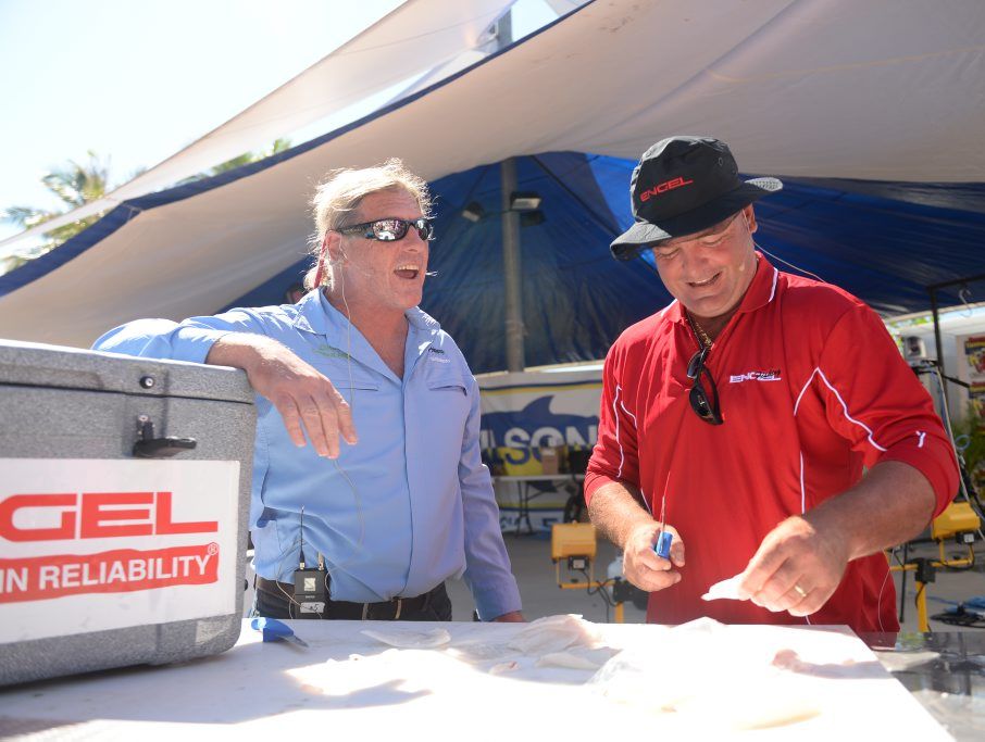 Master Chef and well known fishing journalist Andy Phippsy' Phipps, left and Dave Hodge show the HookUp crowd how to fillet a fish. Master Chef and well known fishing journalist Andy Phippsy' Phipps, left and Dave Hodge show the HookUp crowd how to fillet a fish.