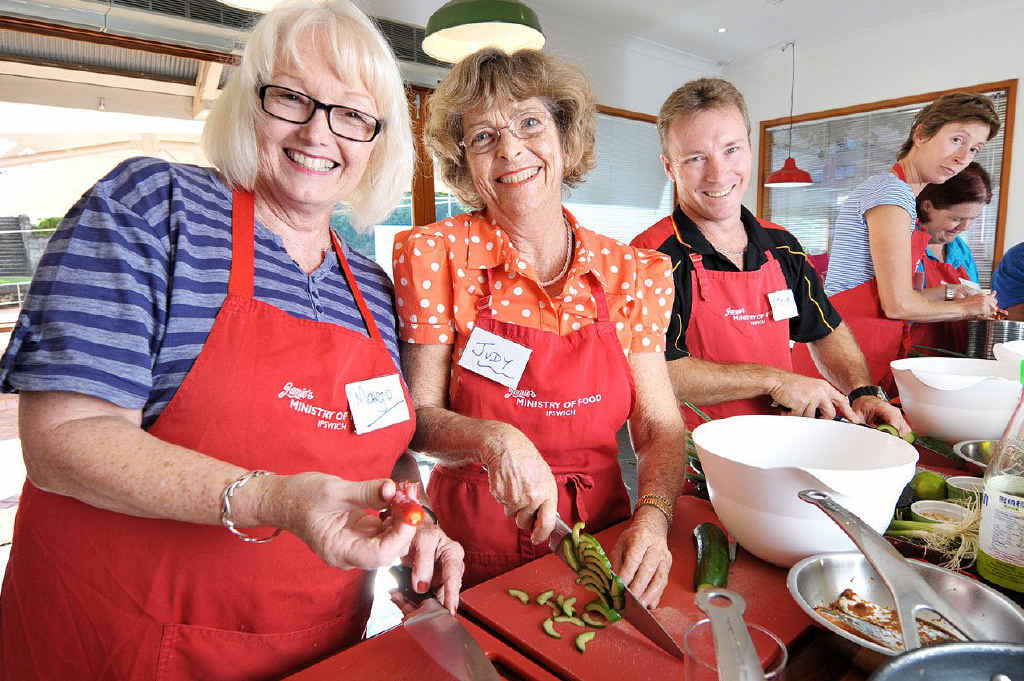 FRESH FOOD: Margot Igraf, Judy Cavanagh and Steve Kippen learn to cook at Jamie’s Ministry of Food, which is celebrating its second birthday in Ipswich. FRESH FOOD: Margot Igraf, Judy Cavanagh and Steve Kippen learn to cook at Jamie’s Ministry of Food, which is celebrating its second birthday in Ipswich.