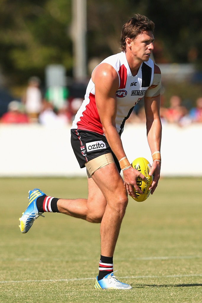 Justin Koschitzke of the Saints kicks during a St Kilda Saints AFL Intra-Club match at Linen House Oval on February 9, 2013 in Melbourne, Australia. Justin Koschitzke of the Saints kicks during a St Kilda Saints AFL Intra-Club match at Linen House Oval on February 9, 2013 in Melbourne, Australia.