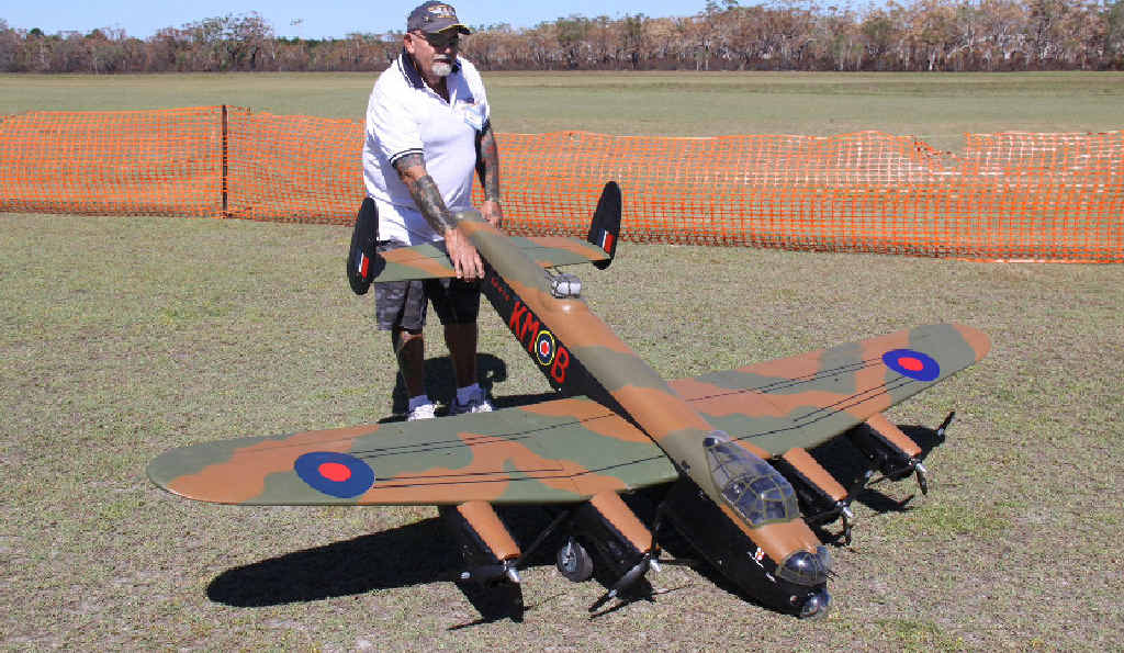 John Larter’s electric Lancaster bomber has three-blade propellers, a wing span of 3m and weighs 21kg. John Larter’s electric Lancaster bomber has three-blade propellers, a wing span of 3m and weighs 21kg.