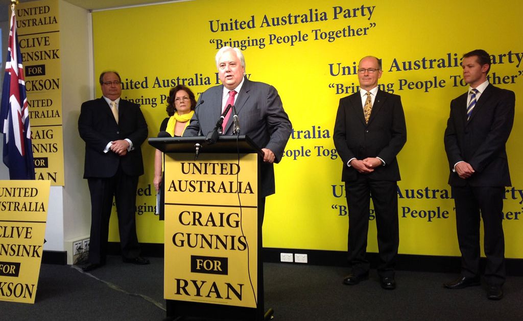 Federal election candidates Clive Mensink, Veronica Ford, Thor Prohaska and Craig Gunnis announce their candidacy with Clive Palmer. Federal election candidates Clive Mensink, Veronica Ford, Thor Prohaska and Craig Gunnis announce their candidacy with Clive Palmer.
