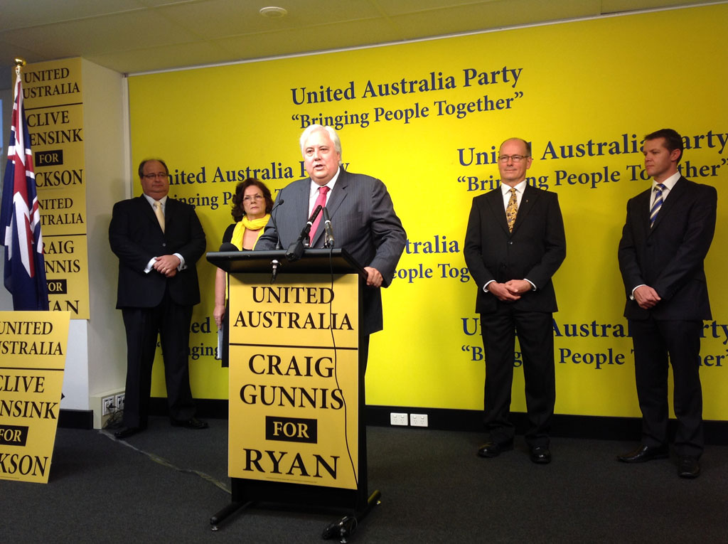 Federal election candidates Clive Mensink, Veronica Ford, Thor Prohaska and Craig Gunnis announce their candidacy with Clive Palmer. Federal election candidates Clive Mensink, Veronica Ford, Thor Prohaska and Craig Gunnis announce their candidacy with Clive Palmer.
