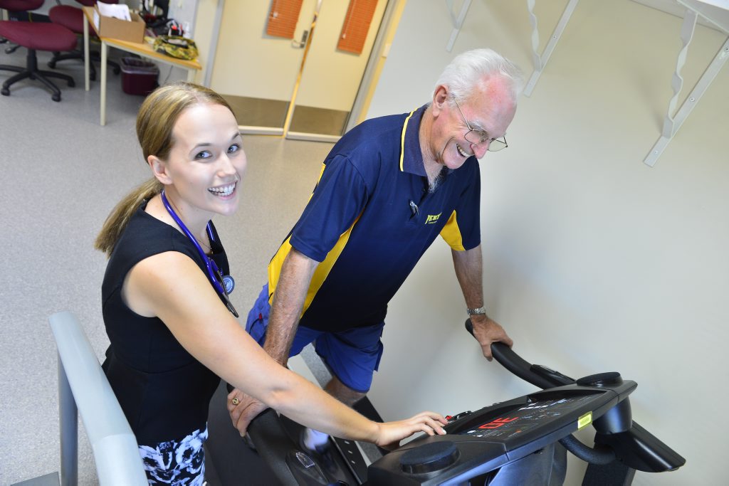 Cardiac Rehab's exercise physiologist Kathryn Kirchner and course participant Les Mayfield. Cardiac Rehab's exercise physiologist Kathryn Kirchner and course participant Les Mayfield.