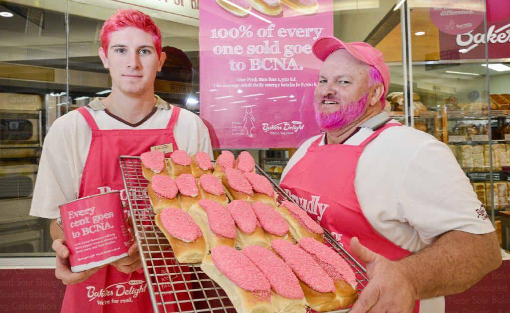 Dylan Turner and Bakers Delight Grafton Shoppingworld franchisee Ed Piper show off the pink items on offer at Bakers Delight. Dylan Turner and Bakers Delight Grafton Shoppingworld franchisee Ed Piper show off the pink items on offer at Bakers Delight.