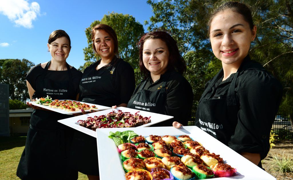 Redbank Plains High School Platters on Willow coordinator and catering teacher Kara Pulou (left) with year 12 students from left, Melika Leslie, Janeeka Hill, and Vanessa Evans. Redbank Plains High School Platters on Willow coordinator and catering teacher Kara Pulou (left) with year 12 students from left, Melika Leslie, Janeeka Hill, and Vanessa Evans.