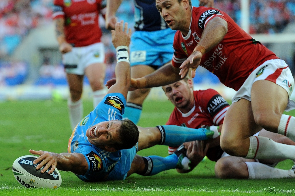 William Zillman of the Titans scores a try during the round nine NRL match between the Gold Coast Titans and the St George Illawarra Dragons at Skilled Park on May 12, 2013 on the Gold Coast, Australia. William Zillman of the Titans scores a try during the round nine NRL match between the Gold Coast Titans and the St George Illawarra Dragons at Skilled Park on May 12, 2013 on the Gold Coast, Australia.
