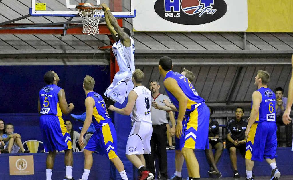 ALL STYLE: Rockhampton Rockets’ Justin Watt makes a slam dunk during the match against Phoenix Power at Gladstone’s Kev Broome Stadium. ALL STYLE: Rockhampton Rockets’ Justin Watt makes a slam dunk during the match against Phoenix Power at Gladstone’s Kev Broome Stadium.