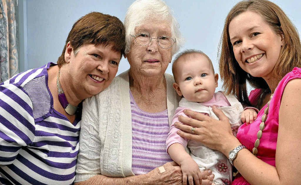 Four generations – grandmother Narelle Haden, great grandmother Daphne Chaplin, and new mum Danielle Miles, with daughter Airlie, eight months – welcome Mother’s Day. Four generations – grandmother Narelle Haden, great grandmother Daphne Chaplin, and new mum Danielle Miles, with daughter Airlie, eight months – welcome Mother’s Day.
