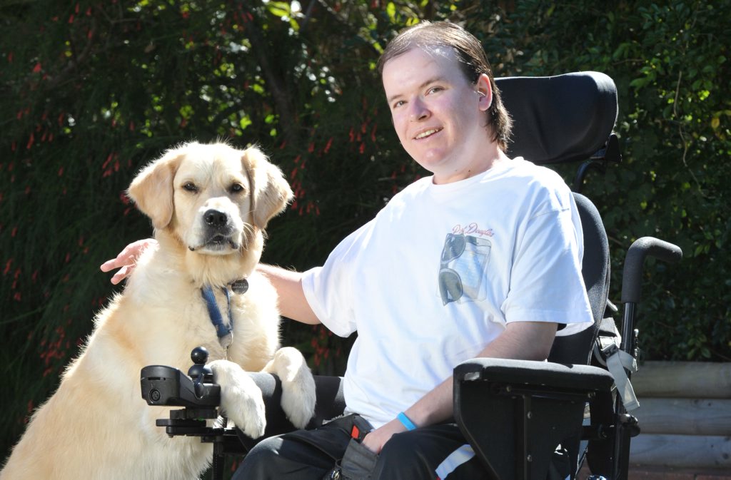 Adam Griffiths suffers from muscular dystrophy but has his companion dog Rocky to help him. Adam Griffiths suffers from muscular dystrophy but has his companion dog Rocky to help him.