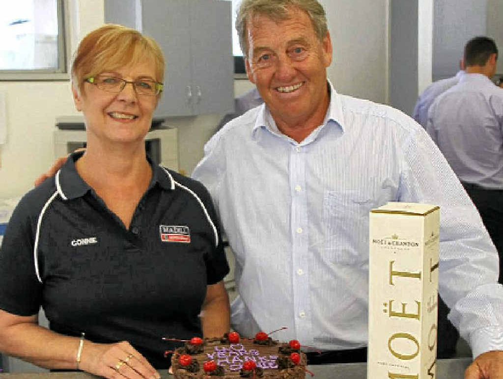Madill Motor Group’s John Madill thanks Connie McHarg for 40 years of service. Connie’s trademark smile and reliable customer service have helped countless Gympie residents when going through the exciting process of purchasing a car. Madill Motor Group’s John Madill thanks Connie McHarg for 40 years of service. Connie’s trademark smile and reliable customer service have helped countless Gympie residents when going through the exciting process of purchasing a car.