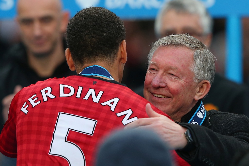 Manchester United Manager Sir Alex Ferguson embraces Rio Ferdinand following the Barclays Premier League match between Manchester United and Swansea City at Old Trafford on May 12, 2013 in Manchester, England. Manchester United Manager Sir Alex Ferguson embraces Rio Ferdinand following the Barclays Premier League match between Manchester United and Swansea City at Old Trafford on May 12, 2013 in Manchester, England.