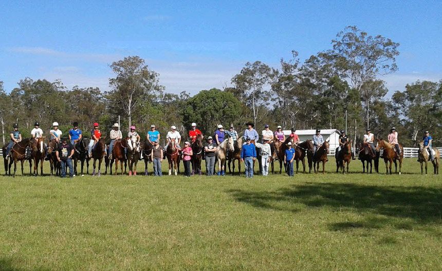 Barrel racers from the three day school line-up before their jackpot race. Barrel racers from the three day school line-up before their jackpot race.