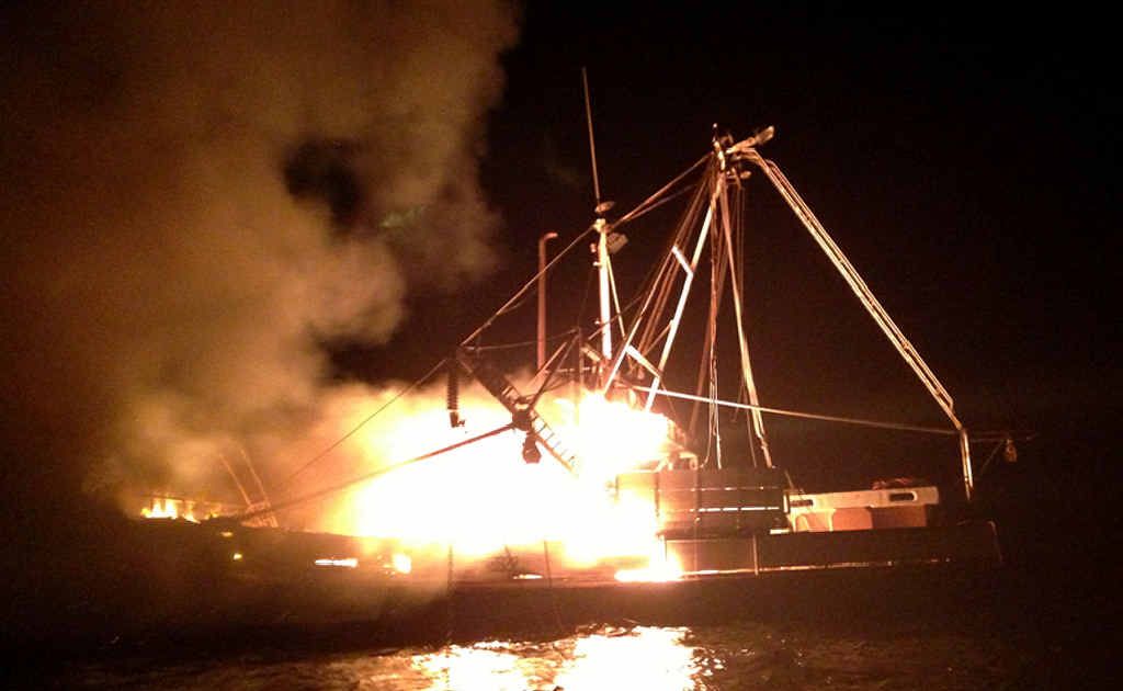 NIGHTMARE: Ballina-registered trawler Jabren, skippered by Tony Puglisi (inset), well alight off Mermaid Beach on Monday night. NIGHTMARE: Ballina-registered trawler Jabren, skippered by Tony Puglisi (inset), well alight off Mermaid Beach on Monday night.