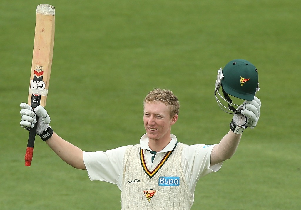 Jordan Silk of the Tigers celebrates scoring a century during day two of the Sheffield Shield final between the Tasmania Tigers and the Queensland Bulls at Blundstone Arena on March 23, 2013 in Hobart, Australia. Jordan Silk of the Tigers celebrates scoring a century during day two of the Sheffield Shield final between the Tasmania Tigers and the Queensland Bulls at Blundstone Arena on March 23, 2013 in Hobart, Australia.