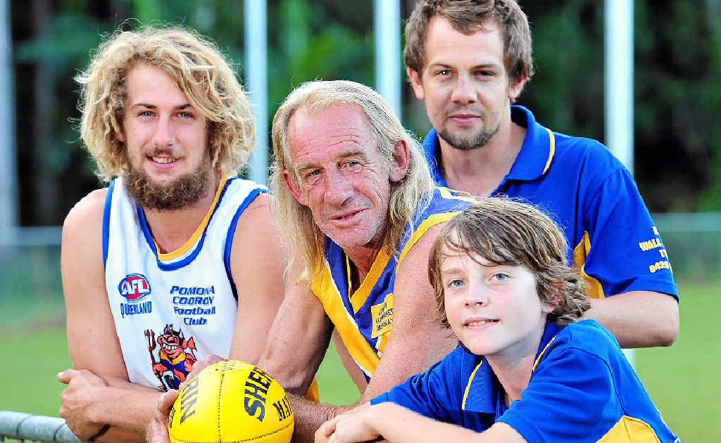 The Pomona Demons’ Billy Magin will play his 700th game of Australian rules on Sunday at Pomona. There to watch will be sons Lanze, Blake (right) and grandson Layton (front). The Pomona Demons’ Billy Magin will play his 700th game of Australian rules on Sunday at Pomona. There to watch will be sons Lanze, Blake (right) and grandson Layton (front).