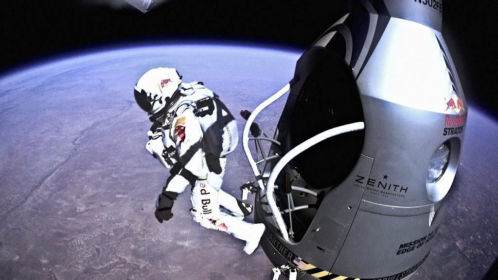 Pilot Felix Baumgartner of Austria jumps out from the capsule during the final manned flight for the Red Bull Stratos mission in Roswell, New Mexico, USA on October 14, 2012. A scene from the TV documentary Space Dive. Pilot Felix Baumgartner of Austria jumps out from the capsule during the final manned flight for the Red Bull Stratos mission in Roswell, New Mexico, USA on October 14, 2012. A scene from the TV documentary Space Dive.