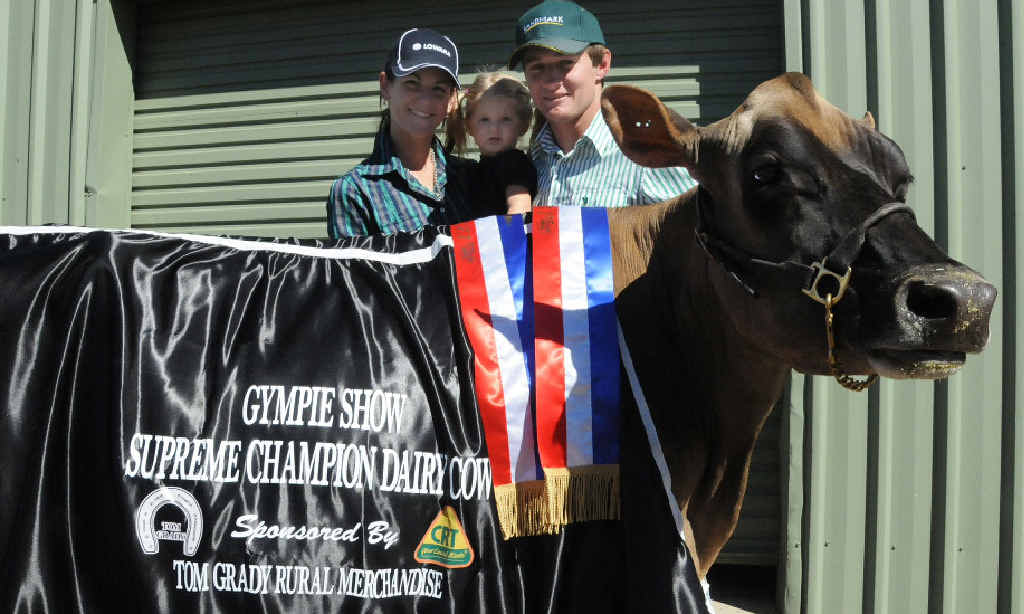 Glen Echo Jerseys Carita and Chad Parker with daughter Klara and their Supreme Champion Dairy Cow, Glen Echo Golden Boy Melissa. Glen Echo Jerseys Carita and Chad Parker with daughter Klara and their Supreme Champion Dairy Cow, Glen Echo Golden Boy Melissa.