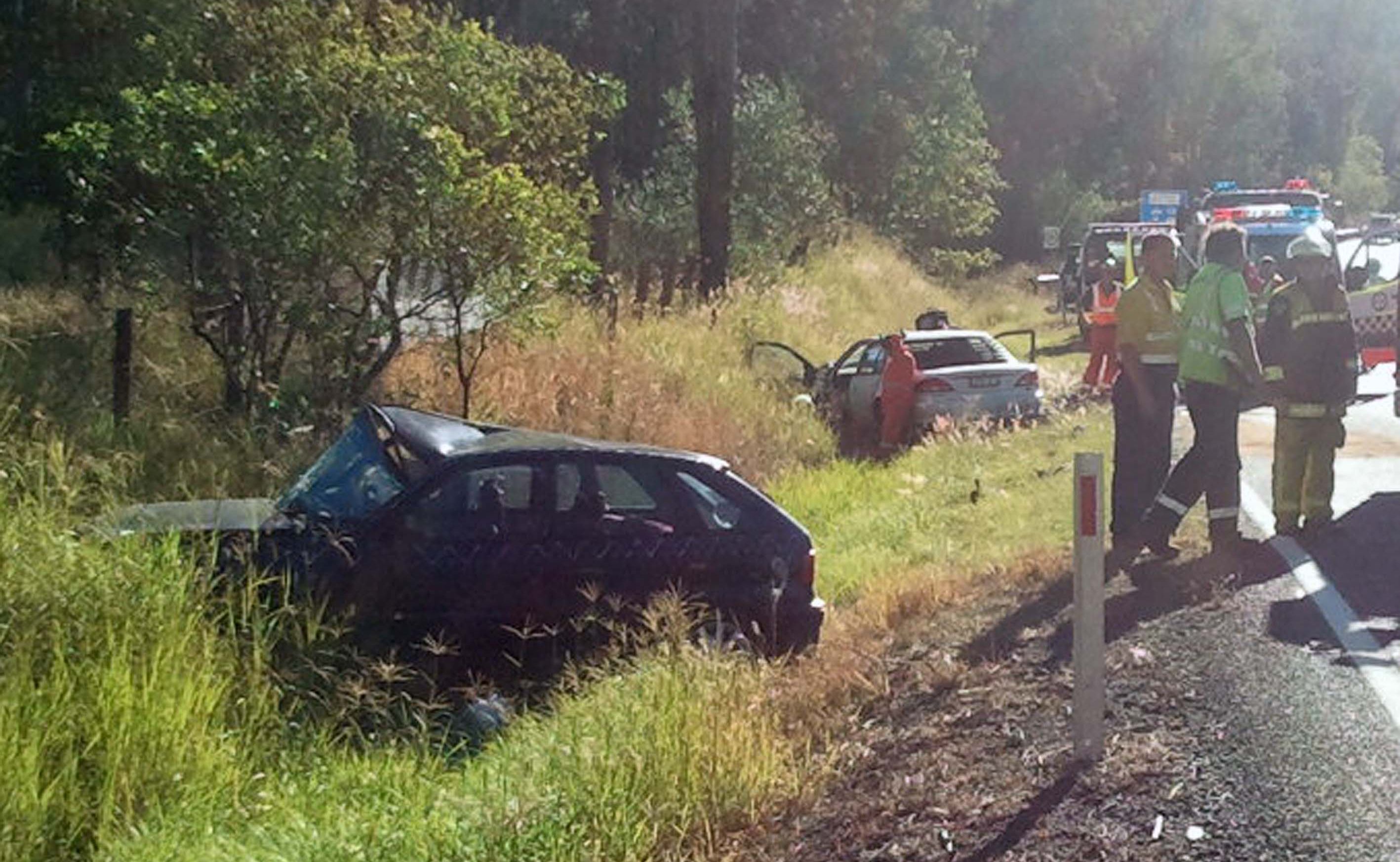 Three motorists were hospitalised after this Pacific Highway crash at Glenugie Three motorists were hospitalised after this Pacific Highway crash at Glenugie