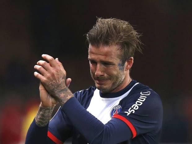 Tears streamed down David Beckham’s cheeks for several minutes before he was substituted in the second half for Paris Saint Germain (INM & Reuters) Tears streamed down David Beckham’s cheeks for several minutes before he was substituted in the second half for Paris Saint Germain (INM & Reuters)