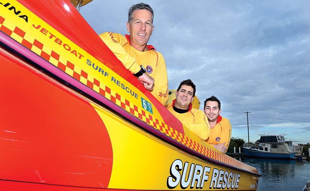 Ballina Jet Boat Surf Rescue crew members, from left, Garry Meredith, Captain Mark Puglisi, and Brad Heard. Ballina Jet Boat Surf Rescue crew members, from left, Garry Meredith, Captain Mark Puglisi, and Brad Heard.