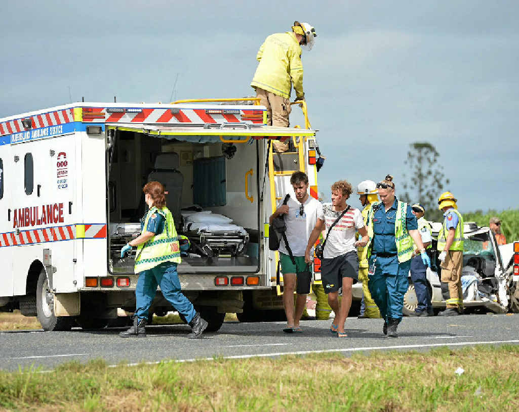 INJURED: Italian tourists walk to an ambulance for treatment after a crash near Chelona on May 10. Five other people, including Enrico Pancher, were taken to hospital. INJURED: Italian tourists walk to an ambulance for treatment after a crash near Chelona on May 10. Five other people, including Enrico Pancher, were taken to hospital.