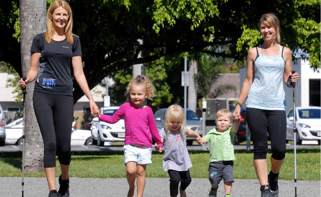 Kelly Sutherland, with her daughter Milla, and Ruby, Leroy and Kate Gardner. Ms Gardner and Ms Sutherland are training for a 100km hike for Oxfam. Kelly Sutherland, with her daughter Milla, and Ruby, Leroy and Kate Gardner. Ms Gardner and Ms Sutherland are training for a 100km hike for Oxfam.