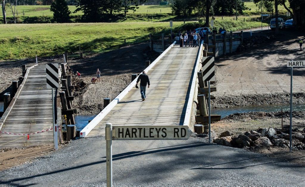 The new Hartleys bridge at Coramba is opened by Coffs Harbour Mayor Denise Knight with the help of local Kevin Hartley. Photo: Trevor Veale / The Coffs Coast Advocate The new Hartleys bridge at Coramba is opened by Coffs Harbour Mayor Denise Knight with the help of local Kevin Hartley. Photo: Trevor Veale / The Coffs Coast Advocate