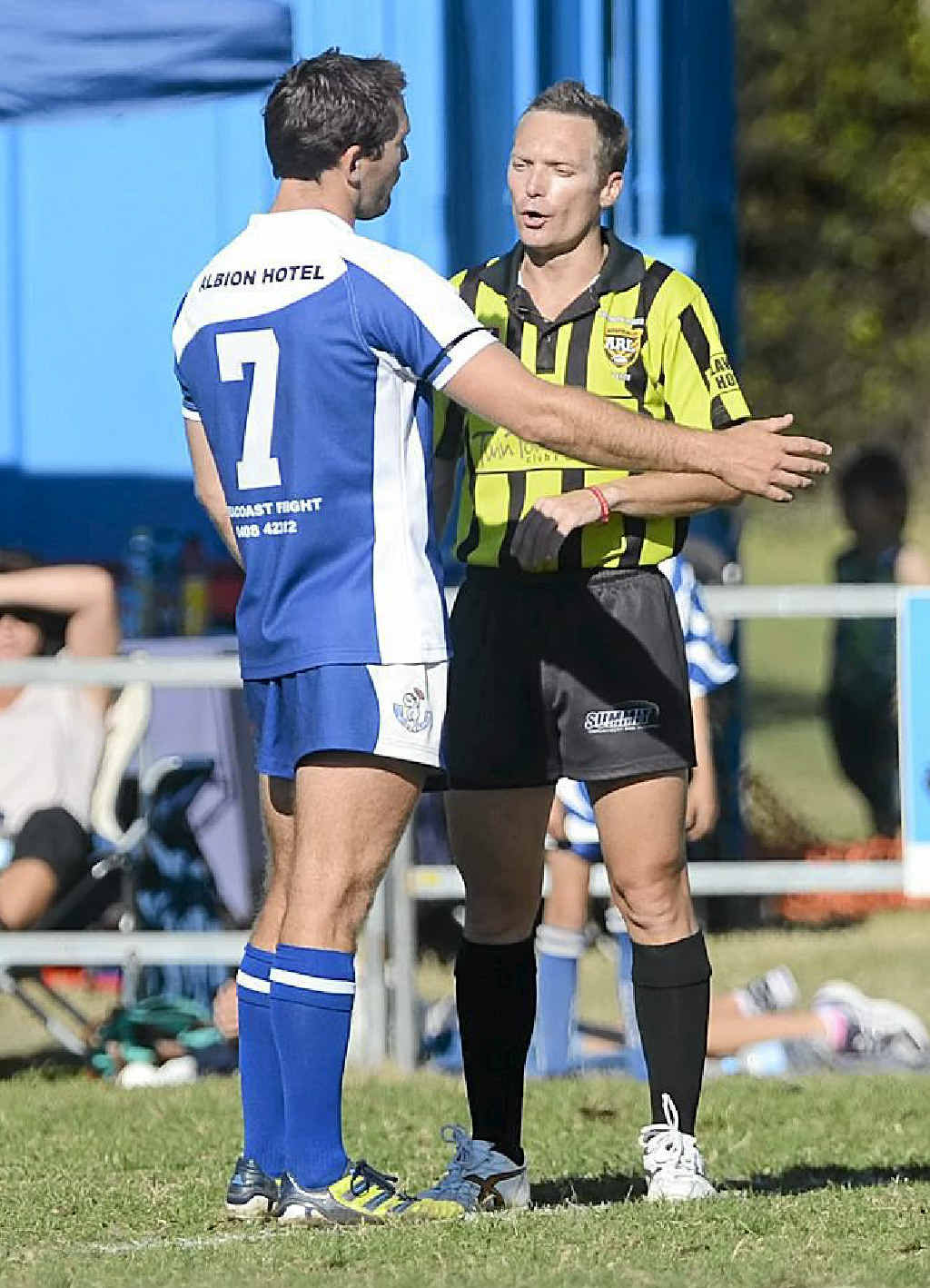 TALKING POINT: Grafton captain Ryan Farrell pleads his case to the referee in a match against Ballina at Frank McGuren Field. Photo Adam Hourigan TALKING POINT: Grafton captain Ryan Farrell pleads his case to the referee in a match against Ballina at Frank McGuren Field. Photo Adam Hourigan