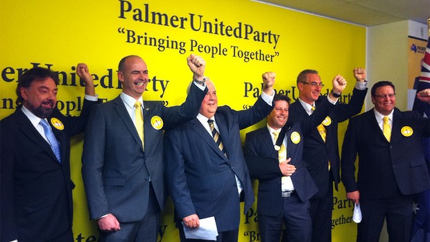 Clive Palmer (middle) among Senate candidates from his Palmer United Party (PUP). Clive Palmer (middle) among Senate candidates from his Palmer United Party (PUP).