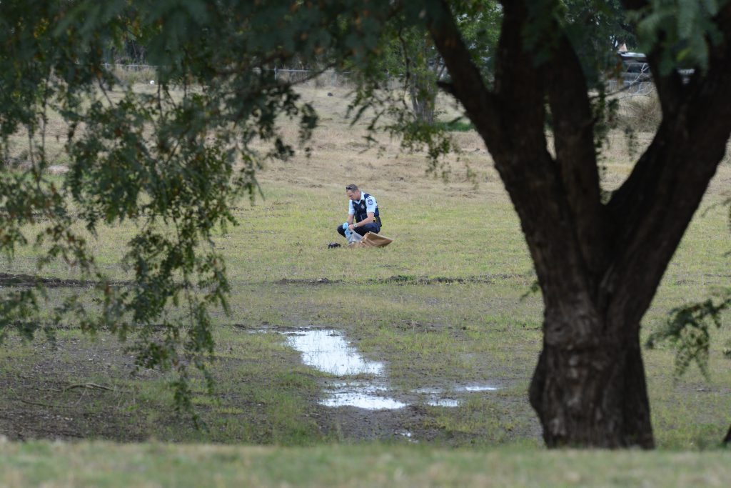 Police examine a suspicious package shortly after the arrest of a man at the old Bremer High School at Blackstone. Photo: Sarah Harvey / The Queensland Times Police examine a suspicious package shortly after the arrest of a man at the old Bremer High School at Blackstone. Photo: Sarah Harvey / The Queensland Times