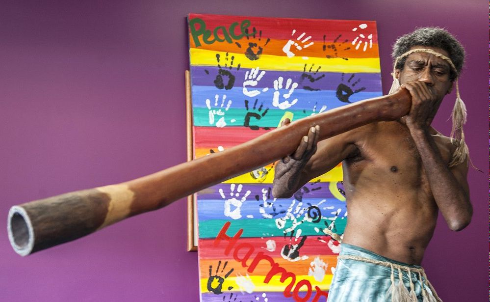 Richard (Joe Joe) Gala entertains the audience with a whale song on didgeridoo at the reconciliation event at USQ. Richard (Joe Joe) Gala entertains the audience with a whale song on didgeridoo at the reconciliation event at USQ.